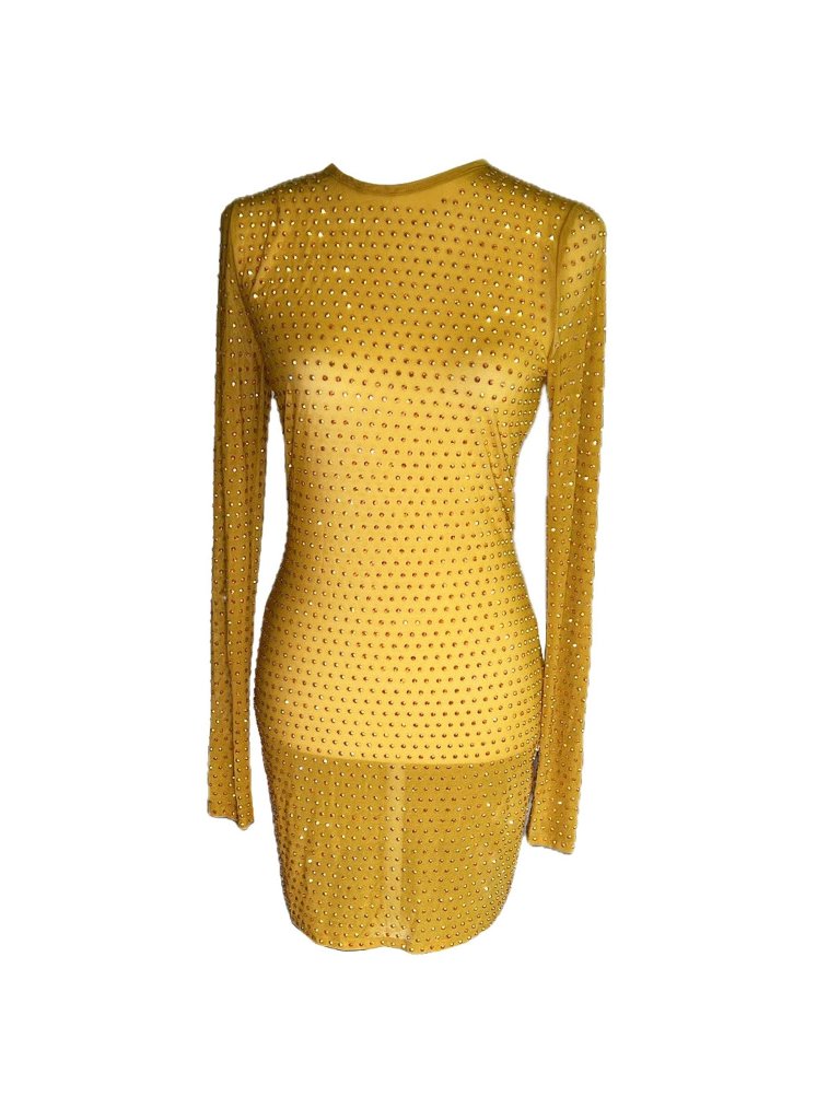 Prettylittlething Naomi Campbell Yellow Crystal Studded Mesh Long Sleeve Mini Dr